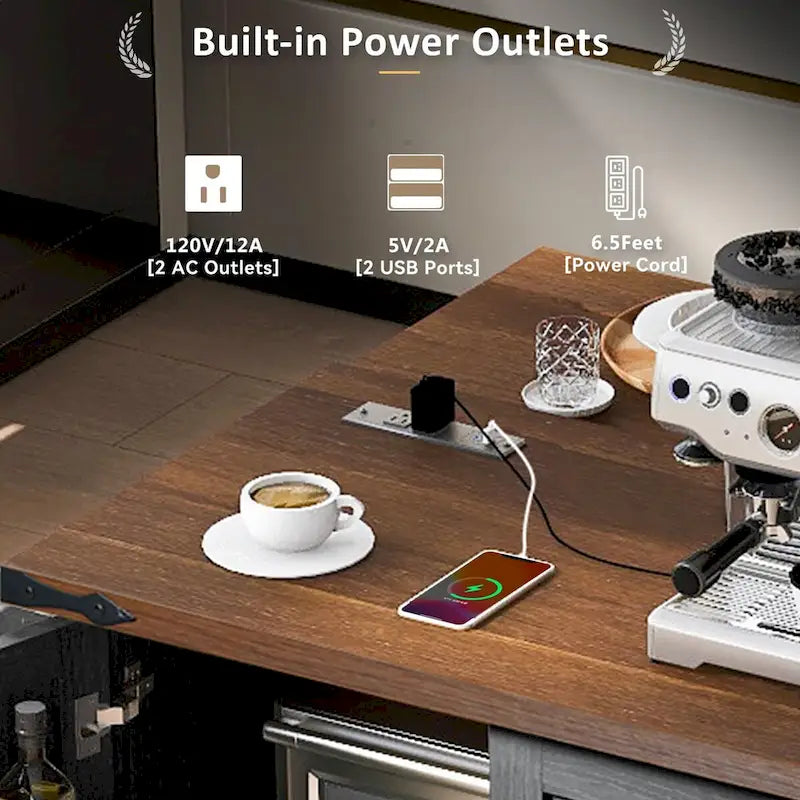 Isola da cucina da 54,5 pollici con prese elettriche, carrello da cucina con ruote