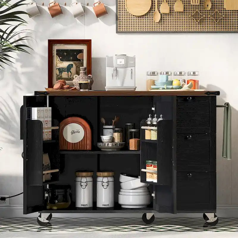 Isola da cucina da 54,5 pollici con prese elettriche, carrello da cucina con ruote
