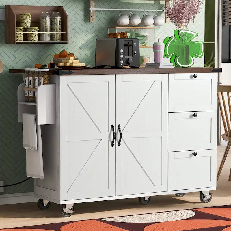 Isola da cucina da 54,5 pollici con prese elettriche, carrello da cucina con ruote