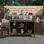 Isola Cucina da Esterno, Carrello Bar con Ruote e Mobile Contenitore, Tavolo Barbecue da Esterno Stile Rustico con Piano in Acciaio Inox e Portasciugamani