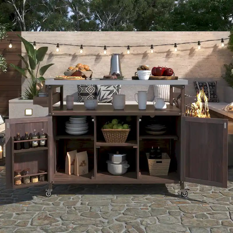 Isola Cucina da Esterno, Carrello Bar con Ruote e Mobile Contenitore, Tavolo Barbecue da Esterno Stile Rustico con Piano in Acciaio Inox e Portasciugamani