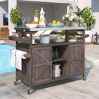 Isola Cucina da Esterno, Carrello Bar con Ruote e Mobile Contenitore, Tavolo Barbecue da Esterno Stile Rustico con Piano in Acciaio Inox e Portasciugamani