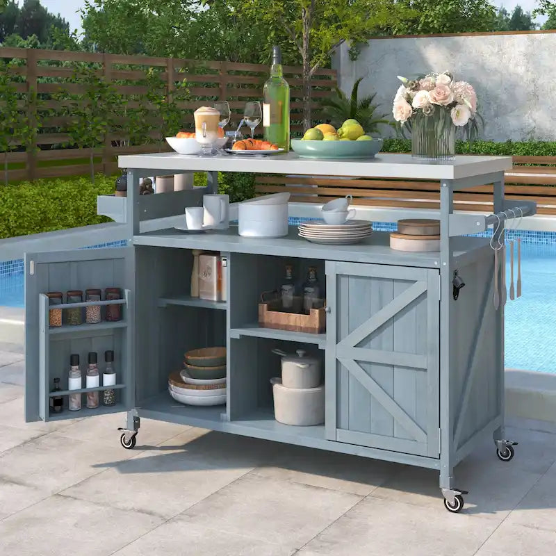 Isola Cucina da Esterno, Carrello Bar con Ruote e Mobile Contenitore, Tavolo Barbecue da Esterno Stile Rustico con Piano in Acciaio Inox e Portasciugamani