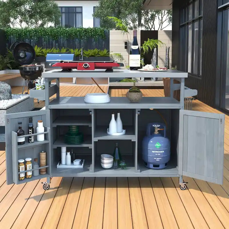 Isola Cucina da Esterno, Carrello Bar con Ruote e Mobile Contenitore, Tavolo Barbecue da Esterno Stile Rustico con Piano in Acciaio Inox e Portasciugamani