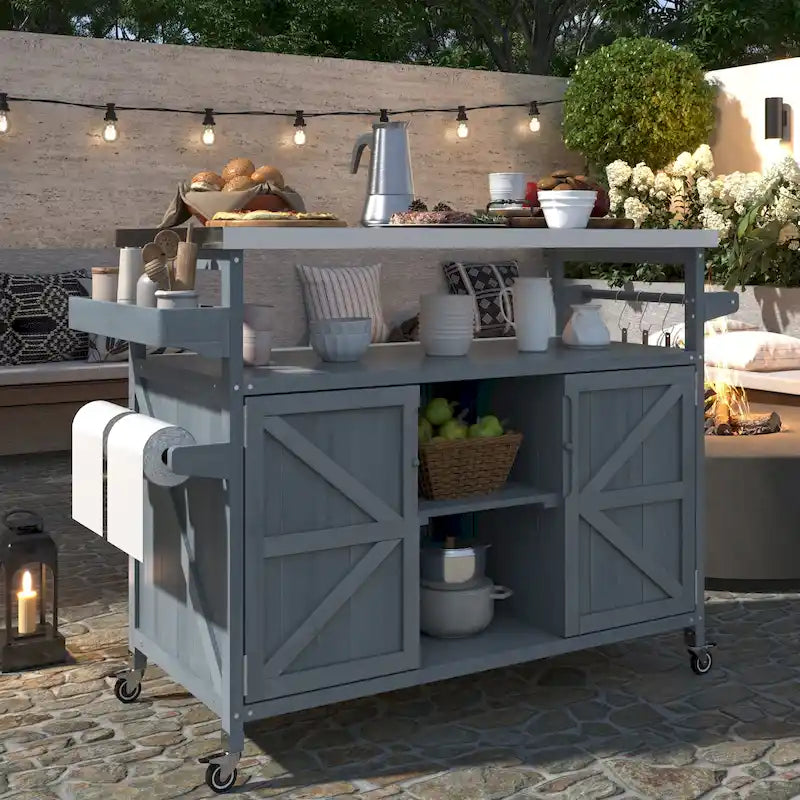Isola Cucina da Esterno, Carrello Bar con Ruote e Mobile Contenitore, Tavolo Barbecue da Esterno Stile Rustico con Piano in Acciaio Inox e Portasciugamani