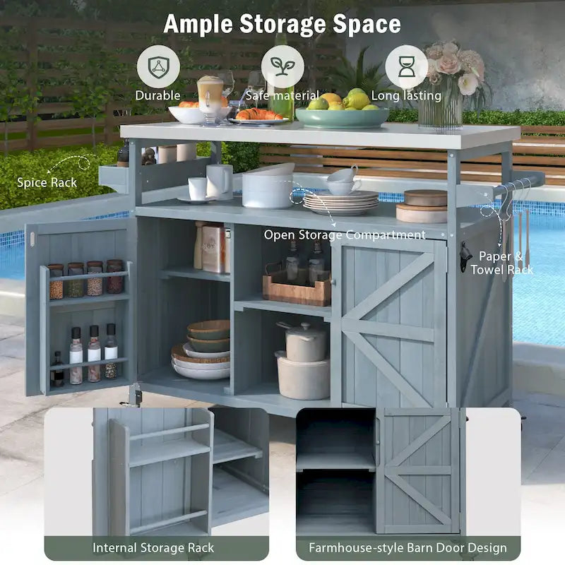 Isola Cucina da Esterno, Carrello Bar con Ruote e Mobile Contenitore, Tavolo Barbecue da Esterno Stile Rustico con Piano in Acciaio Inox e Portasciugamani