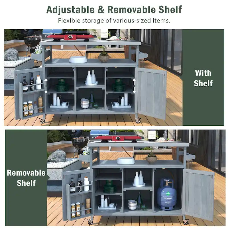 Isola Cucina da Esterno, Carrello Bar con Ruote e Mobile Contenitore, Tavolo Barbecue da Esterno Stile Rustico con Piano in Acciaio Inox e Portasciugamani