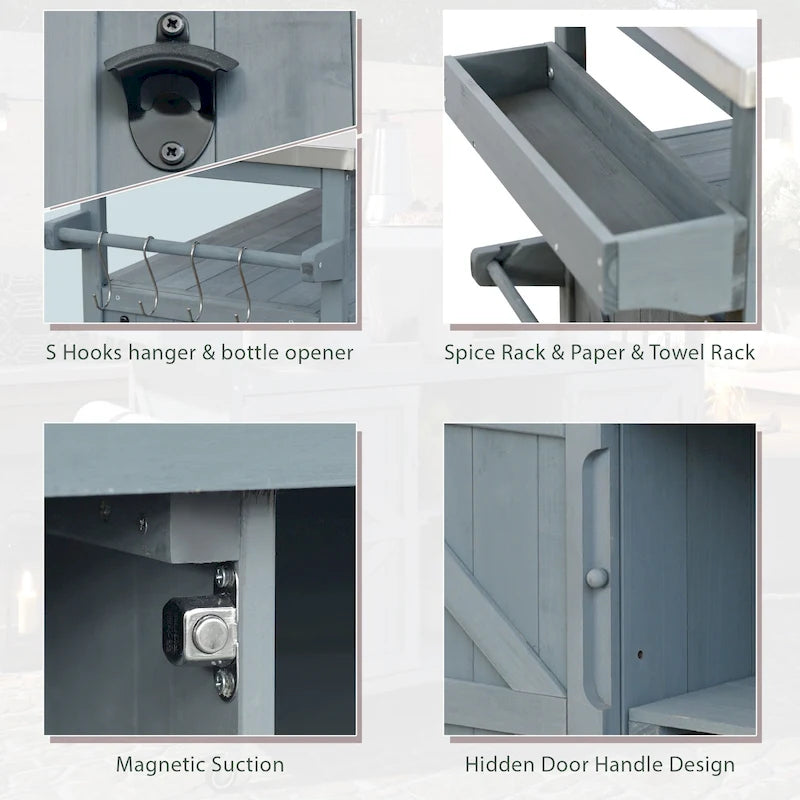 Isola Cucina da Esterno, Carrello Bar con Ruote e Mobile Contenitore, Tavolo Barbecue da Esterno Stile Rustico con Piano in Acciaio Inox e Portasciugamani