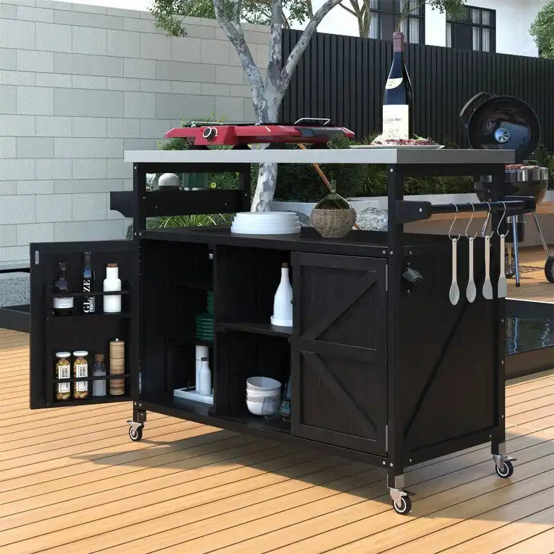Isola Cucina da Esterno, Carrello Bar con Ruote e Mobile Contenitore, Tavolo Barbecue da Esterno Stile Rustico con Piano in Acciaio Inox e Portasciugamani