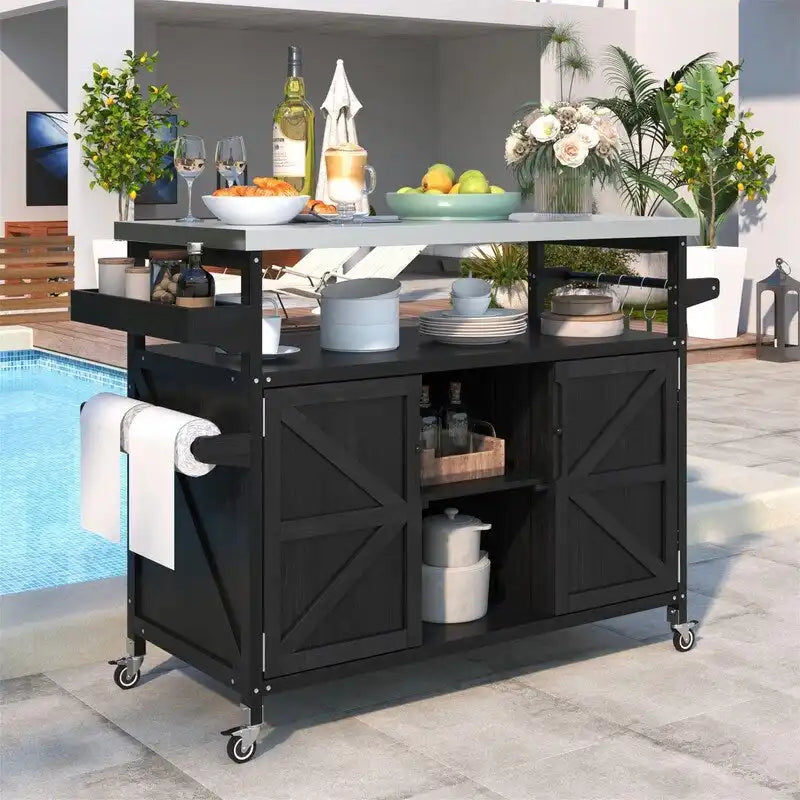 Isola Cucina da Esterno, Carrello Bar con Ruote e Mobile Contenitore, Tavolo Barbecue da Esterno Stile Rustico con Piano in Acciaio Inox e Portasciugamani
