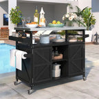 Isola Cucina da Esterno, Carrello Bar con Ruote e Mobile Contenitore, Tavolo Barbecue da Esterno Stile Rustico con Piano in Acciaio Inox e Portasciugamani