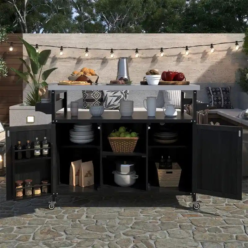Isola Cucina da Esterno, Carrello Bar con Ruote e Mobile Contenitore, Tavolo Barbecue da Esterno Stile Rustico con Piano in Acciaio Inox e Portasciugamani