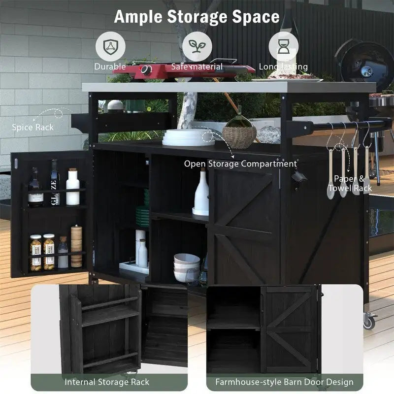 Isola Cucina da Esterno, Carrello Bar con Ruote e Mobile Contenitore, Tavolo Barbecue da Esterno Stile Rustico con Piano in Acciaio Inox e Portasciugamani