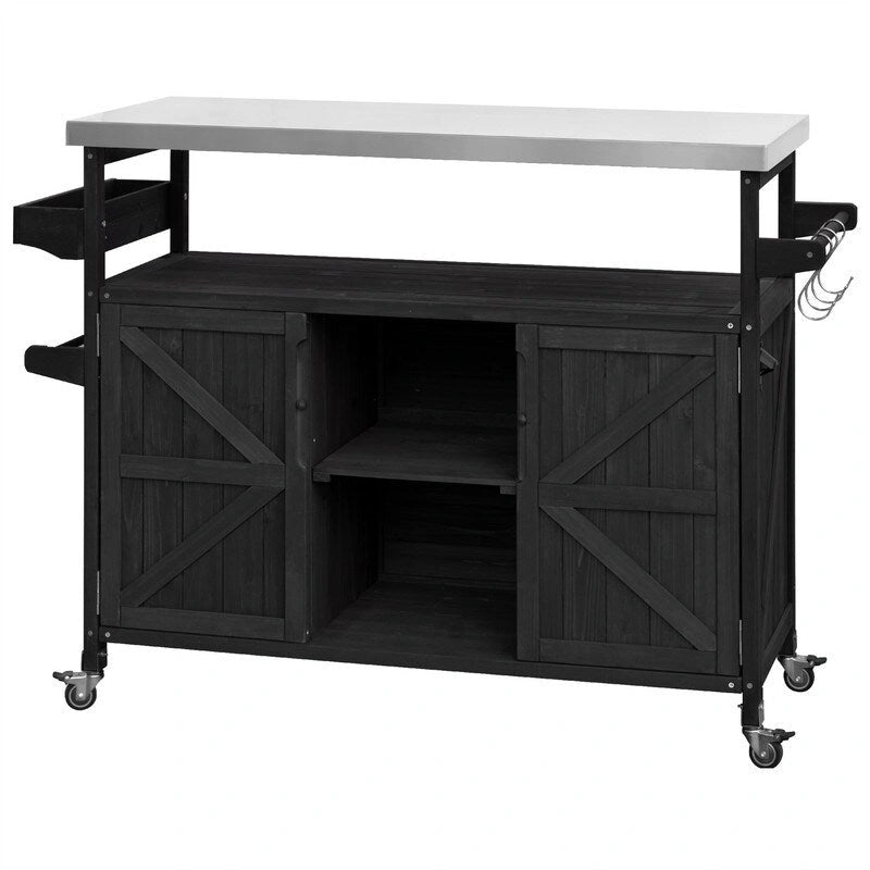 Isola Cucina da Esterno, Carrello Bar con Ruote e Mobile Contenitore, Tavolo Barbecue da Esterno Stile Rustico con Piano in Acciaio Inox e Portasciugamani