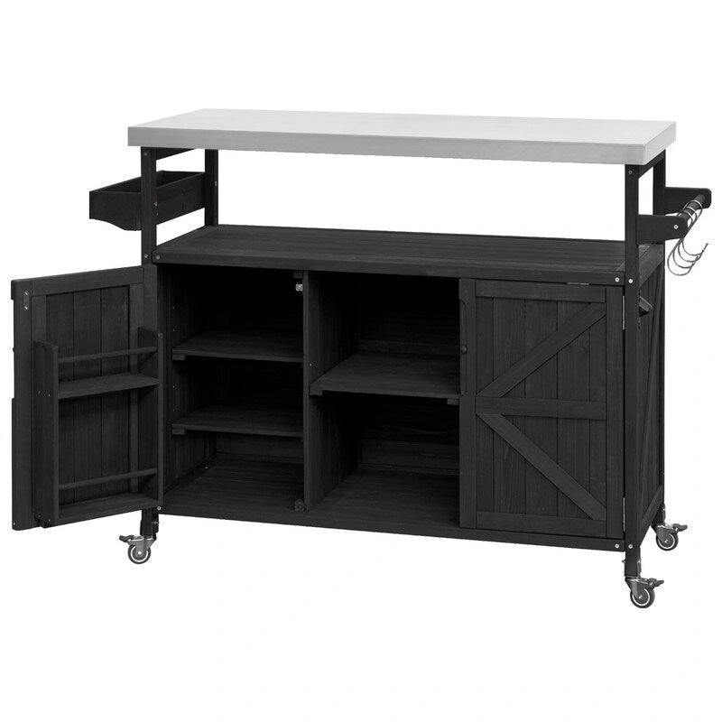 Isola Cucina da Esterno, Carrello Bar con Ruote e Mobile Contenitore, Tavolo Barbecue da Esterno Stile Rustico con Piano in Acciaio Inox e Portasciugamani