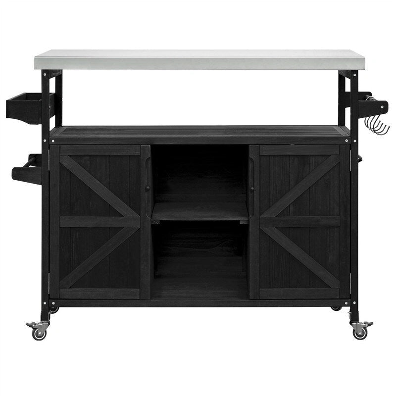 Isola Cucina da Esterno, Carrello Bar con Ruote e Mobile Contenitore, Tavolo Barbecue da Esterno Stile Rustico con Piano in Acciaio Inox e Portasciugamani