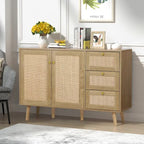 Buffet en bois et rotin de style moderne du milieu du siècle à 2 portes et 3 tiroirs, meuble de rangement de cuisine Anmytek