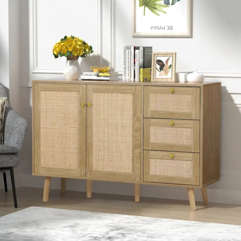 Buffet en bois et rotin de style moderne du milieu du siècle à 2 portes et 3 tiroirs, meuble de rangement de cuisine Anmytek