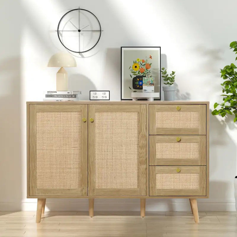 Buffet en bois et rotin de style moderne du milieu du siècle à 2 portes et 3 tiroirs, meuble de rangement de cuisine Anmytek