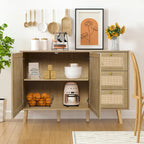Buffet en bois et rotin de style moderne du milieu du siècle à 2 portes et 3 tiroirs, meuble de rangement de cuisine Anmytek