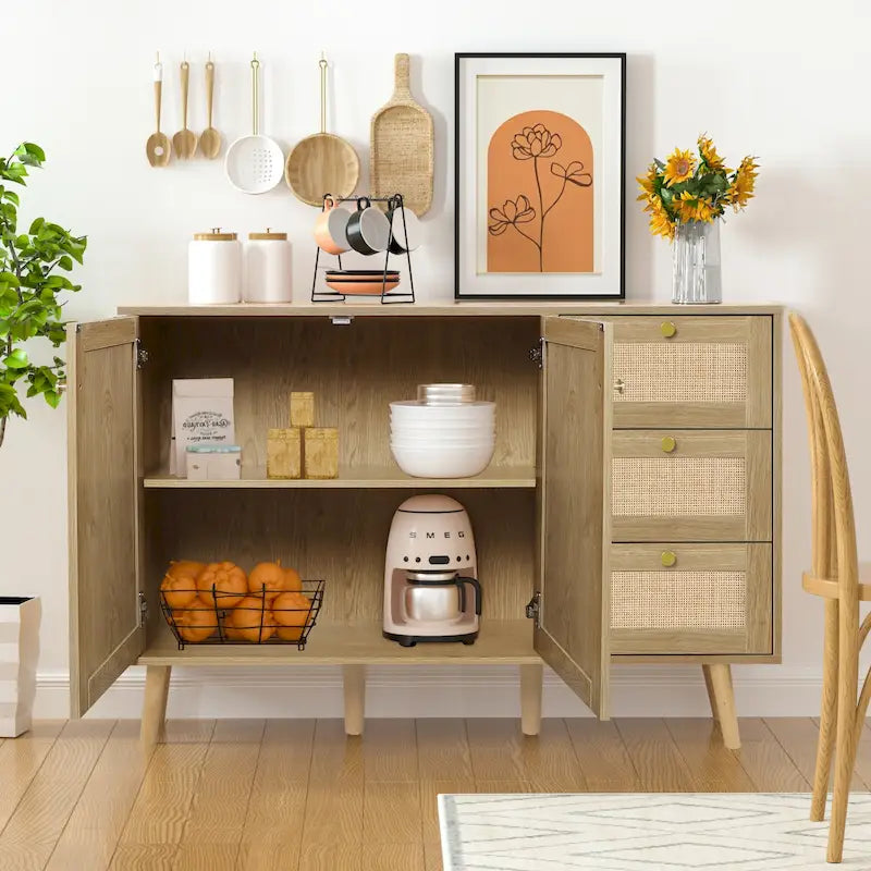 Buffet en bois et rotin de style moderne du milieu du siècle à 2 portes et 3 tiroirs, meuble de rangement de cuisine Anmytek