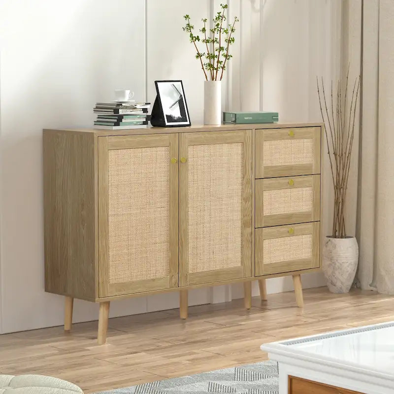 Buffet en bois et rotin de style moderne du milieu du siècle à 2 portes et 3 tiroirs, meuble de rangement de cuisine Anmytek