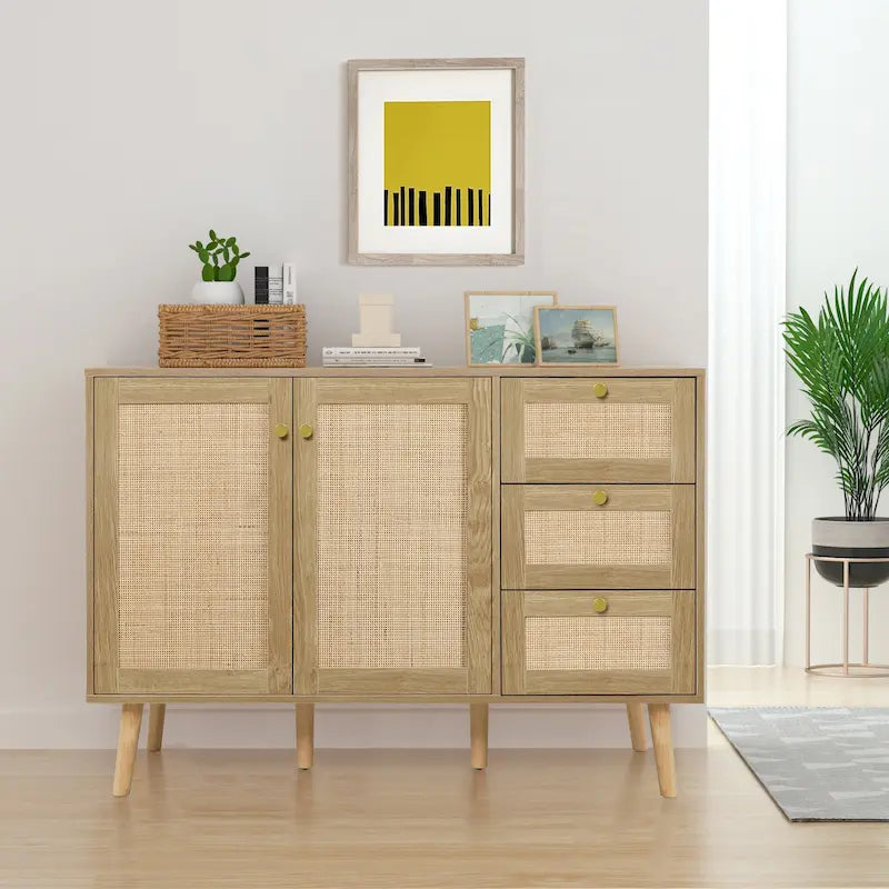 Buffet en bois et rotin de style moderne du milieu du siècle à 2 portes et 3 tiroirs, meuble de rangement de cuisine Anmytek