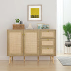 Buffet en bois et rotin de style moderne du milieu du siècle à 2 portes et 3 tiroirs, meuble de rangement de cuisine Anmytek