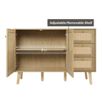 Buffet en bois et rotin de style moderne du milieu du siècle à 2 portes et 3 tiroirs, meuble de rangement de cuisine Anmytek