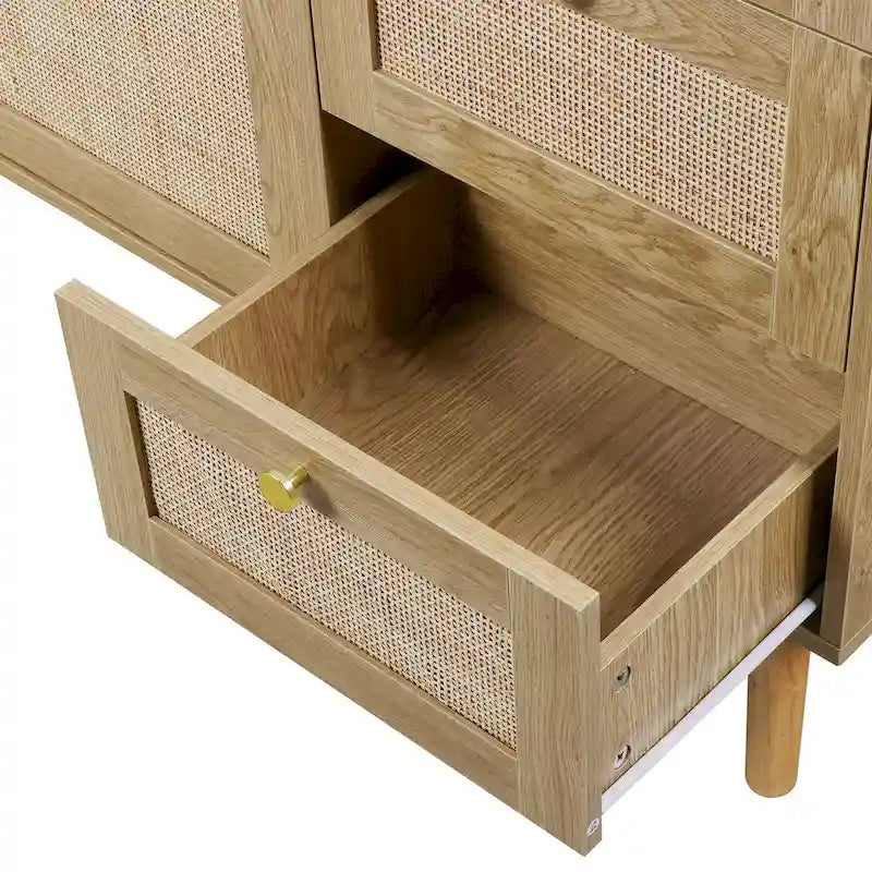 Buffet en bois et rotin de style moderne du milieu du siècle à 2 portes et 3 tiroirs, meuble de rangement de cuisine Anmytek