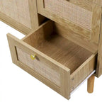 Buffet en bois et rotin de style moderne du milieu du siècle à 2 portes et 3 tiroirs, meuble de rangement de cuisine Anmytek