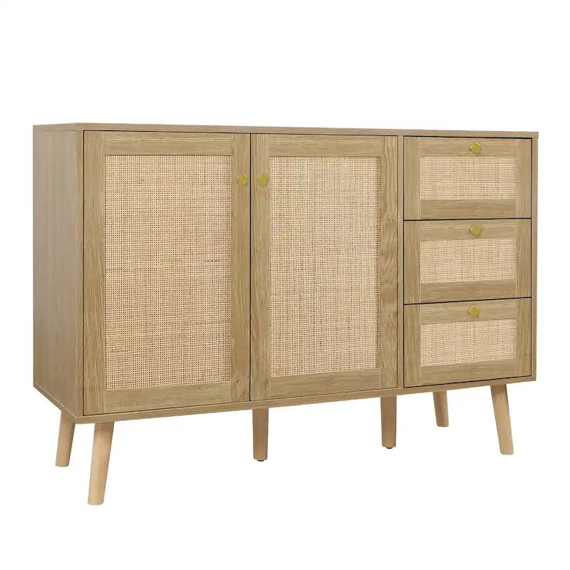 Buffet en bois et rotin de style moderne du milieu du siècle à 2 portes et 3 tiroirs, meuble de rangement de cuisine Anmytek