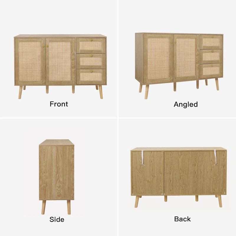 Buffet en bois et rotin de style moderne du milieu du siècle à 2 portes et 3 tiroirs, meuble de rangement de cuisine Anmytek