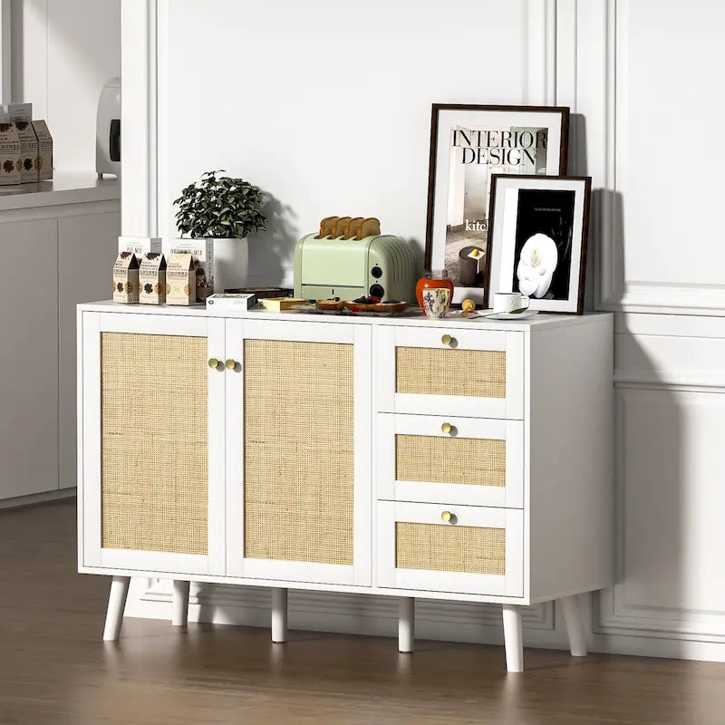 Buffet en bois et rotin de style moderne du milieu du siècle à 2 portes et 3 tiroirs, meuble de rangement de cuisine Anmytek