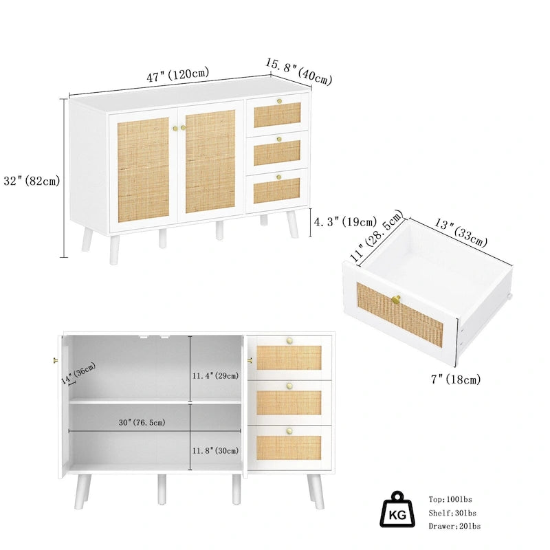 Buffet en bois et rotin de style moderne du milieu du siècle à 2 portes et 3 tiroirs, meuble de rangement de cuisine Anmytek