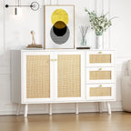 Buffet en bois et rotin de style moderne du milieu du siècle à 2 portes et 3 tiroirs, meuble de rangement de cuisine Anmytek
