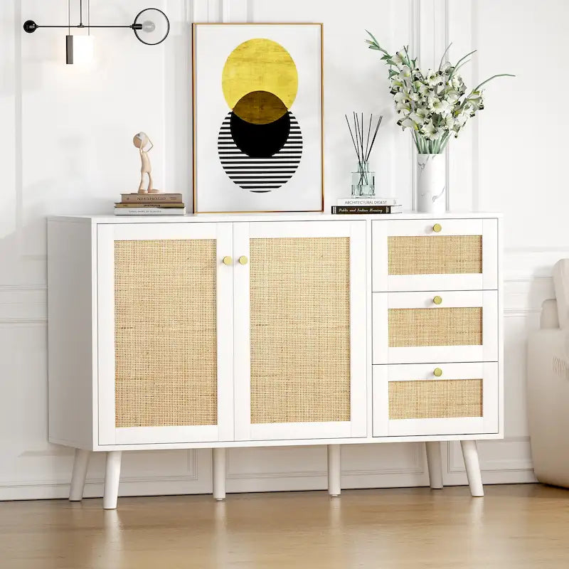 Buffet en bois et rotin de style moderne du milieu du siècle à 2 portes et 3 tiroirs, meuble de rangement de cuisine Anmytek