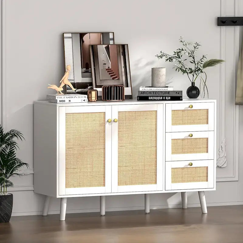Buffet en bois et rotin de style moderne du milieu du siècle à 2 portes et 3 tiroirs, meuble de rangement de cuisine Anmytek