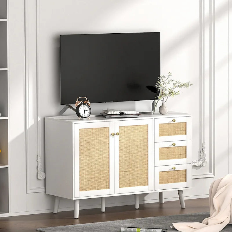 Buffet en bois et rotin de style moderne du milieu du siècle à 2 portes et 3 tiroirs, meuble de rangement de cuisine Anmytek