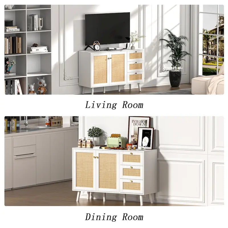 Buffet en bois et rotin de style moderne du milieu du siècle à 2 portes et 3 tiroirs, meuble de rangement de cuisine Anmytek