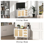 Buffet en bois et rotin de style moderne du milieu du siècle à 2 portes et 3 tiroirs, meuble de rangement de cuisine Anmytek