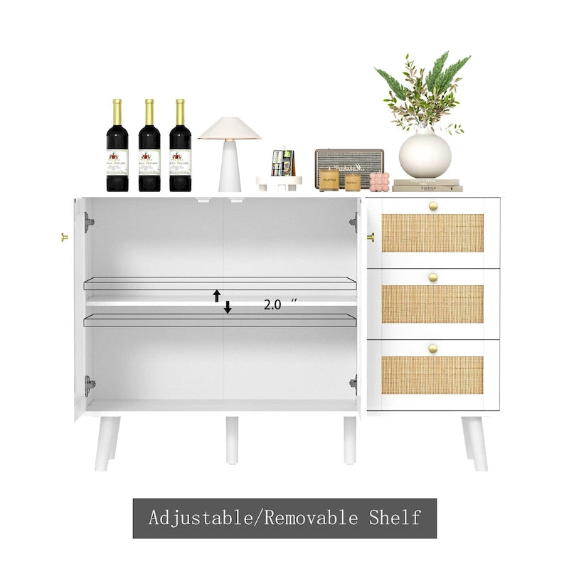 Buffet en bois et rotin de style moderne du milieu du siècle à 2 portes et 3 tiroirs, meuble de rangement de cuisine Anmytek