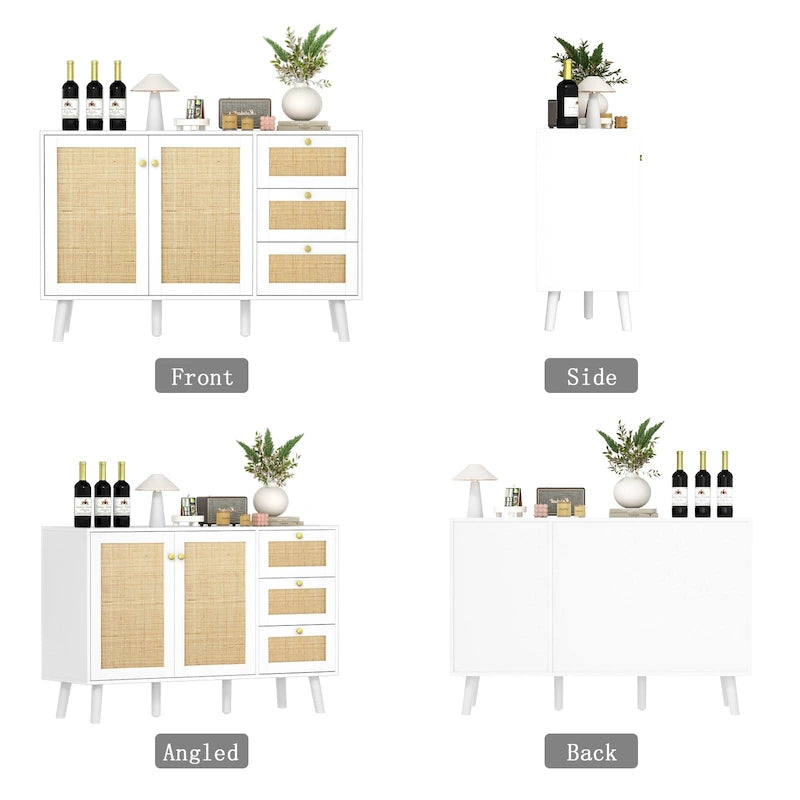 Buffet en bois et rotin de style moderne du milieu du siècle à 2 portes et 3 tiroirs, meuble de rangement de cuisine Anmytek