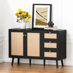 Buffet en bois et rotin de style moderne du milieu du siècle à 2 portes et 3 tiroirs, meuble de rangement de cuisine Anmytek
