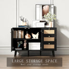 Buffet en bois et rotin de style moderne du milieu du siècle à 2 portes et 3 tiroirs, meuble de rangement de cuisine Anmytek