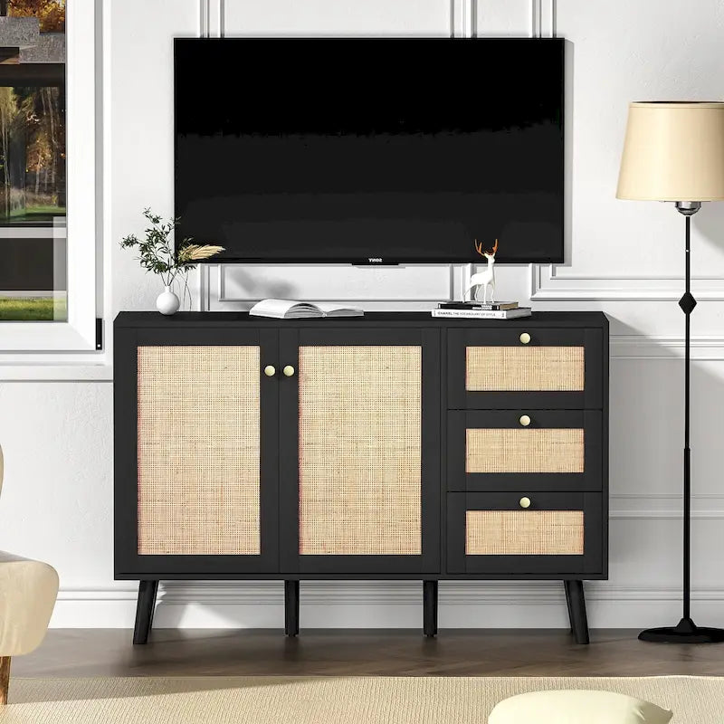 Buffet en bois et rotin de style moderne du milieu du siècle à 2 portes et 3 tiroirs, meuble de rangement de cuisine Anmytek