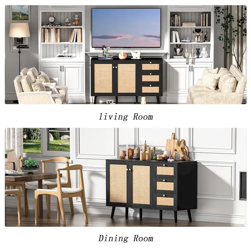 Buffet en bois et rotin de style moderne du milieu du siècle à 2 portes et 3 tiroirs, meuble de rangement de cuisine Anmytek