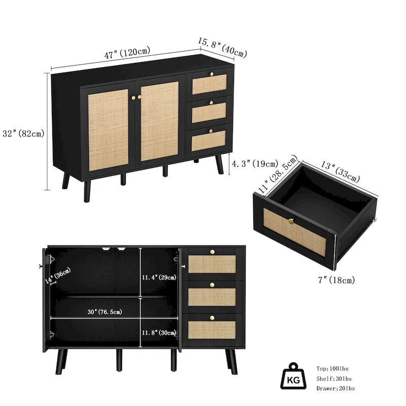 Buffet en bois et rotin de style moderne du milieu du siècle à 2 portes et 3 tiroirs, meuble de rangement de cuisine Anmytek