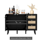 Buffet en bois et rotin de style moderne du milieu du siècle à 2 portes et 3 tiroirs, meuble de rangement de cuisine Anmytek