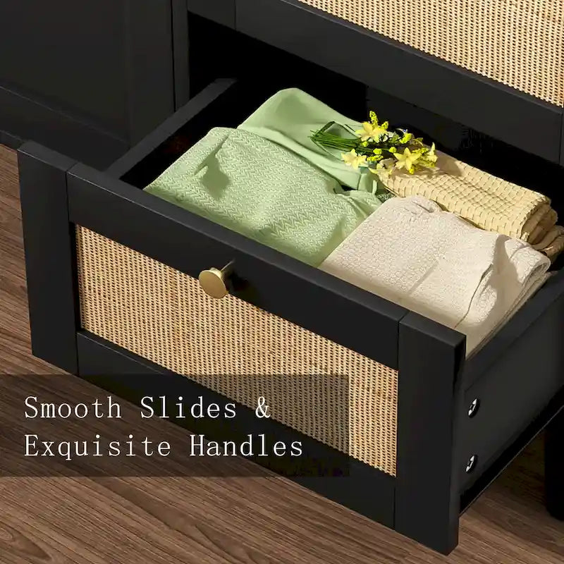 Buffet en bois et rotin de style moderne du milieu du siècle à 2 portes et 3 tiroirs, meuble de rangement de cuisine Anmytek